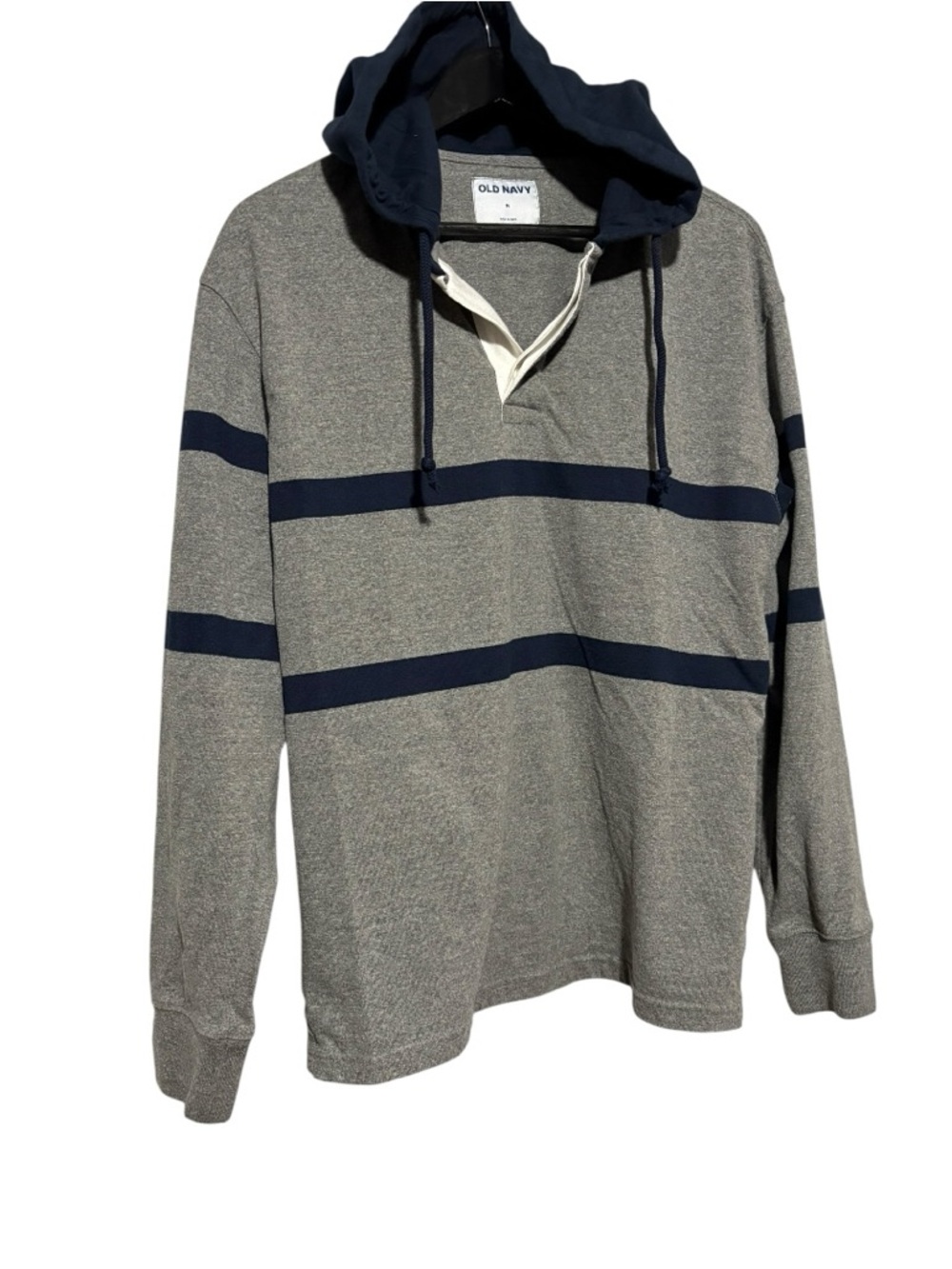 Old Navy Men’s Gray and Navy Striped Hooded Rugby Pullover. Size M.